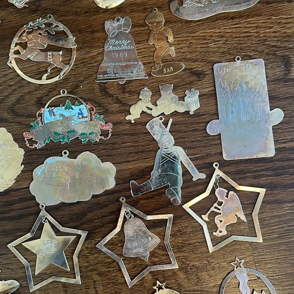 Lot of 42 vintage gold brass engraved Christmas‎ tree ornaments